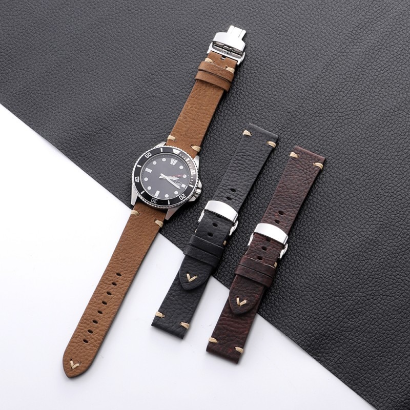 做旧手工牛皮摔纹真皮表带蝴蝶扣适配精工/华为手表18/20/22mm