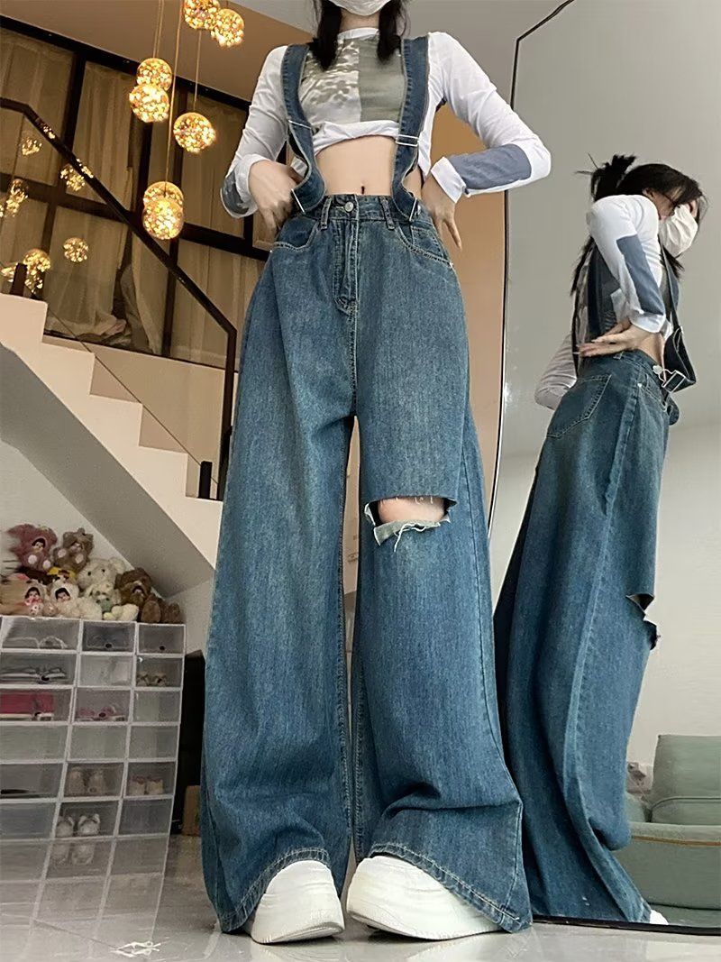 美式复古破洞牛仔背带裤女夏季休牛仔裤