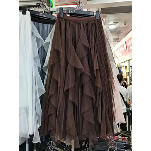 2026春秋新款不规则荷叶边蓬蓬仙女裙中长款高腰纱裙半身裙长裙子