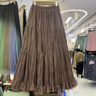秋季新款褶皱网纱裙大码女装A字甜美长款仙女纱裙蛋糕长裙半身裙