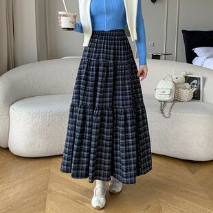 复古格子拼接百褶蛋糕裙半身裙女2025秋冬新款中长款a字大摆裙子