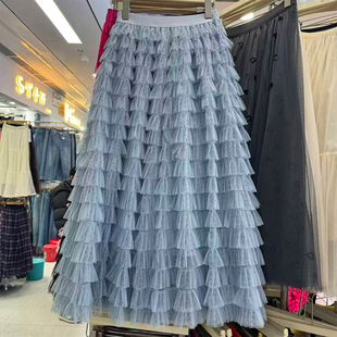 波点网纱蛋糕裙2026秋仙气蓬蓬长款纱裙层次感A字半身裙女