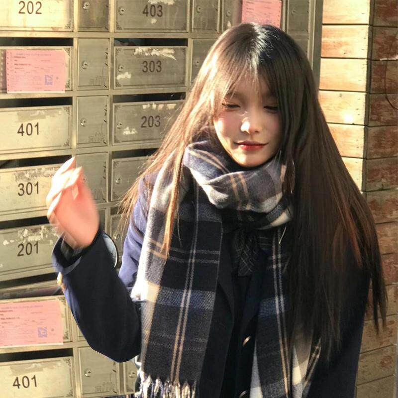 格子围巾女秋冬季韩版百搭高级感围脖加厚披肩jk毛线流苏百搭日系