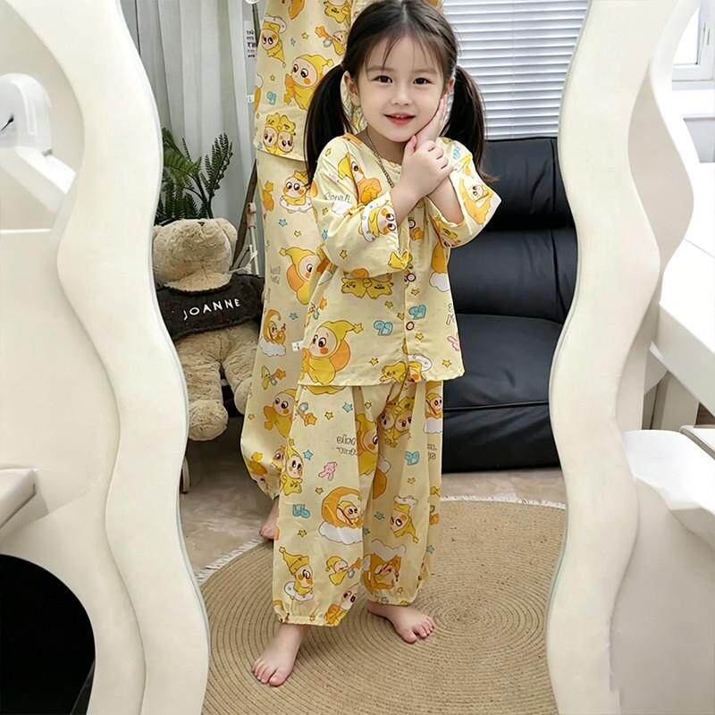 儿童棉绸套装a类可外穿长袖长裤套装卡通人造棉中大童睡衣两件套