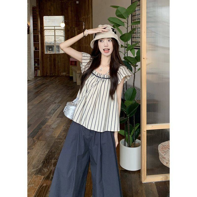 2025初夏穿搭今年流行套装条纹撞色小飞袖衬衫女夏季藏青色阔腿裤