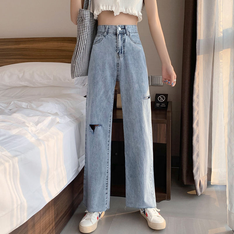 秋季韩版ins复古港味宽松破洞牛仔裤女直筒显瘦高腰百搭阔腿裤潮在类目 女装/女士精品, 牛仔裤中 - 来自Buy2taobao.com提供专业的淘宝代购服务