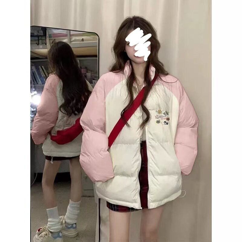 粉色棉服女2024新款秋冬美式宽松无帽保暖加厚棉袄面包服棉衣外套