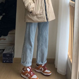 春夏韩版chic裤子学生浅色高腰直筒拖地牛仔裤女宽松休闲显瘦长裤
