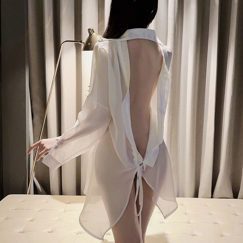 性感网纱透视睡裙白色制服感大码设计 内衣睡衣二合一黑色露背款
