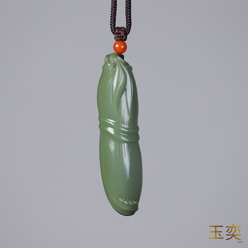 玉奕玉雕工作室12.6克新疆和田玉籽料沙枣青苏工玉竹节竹子节节高