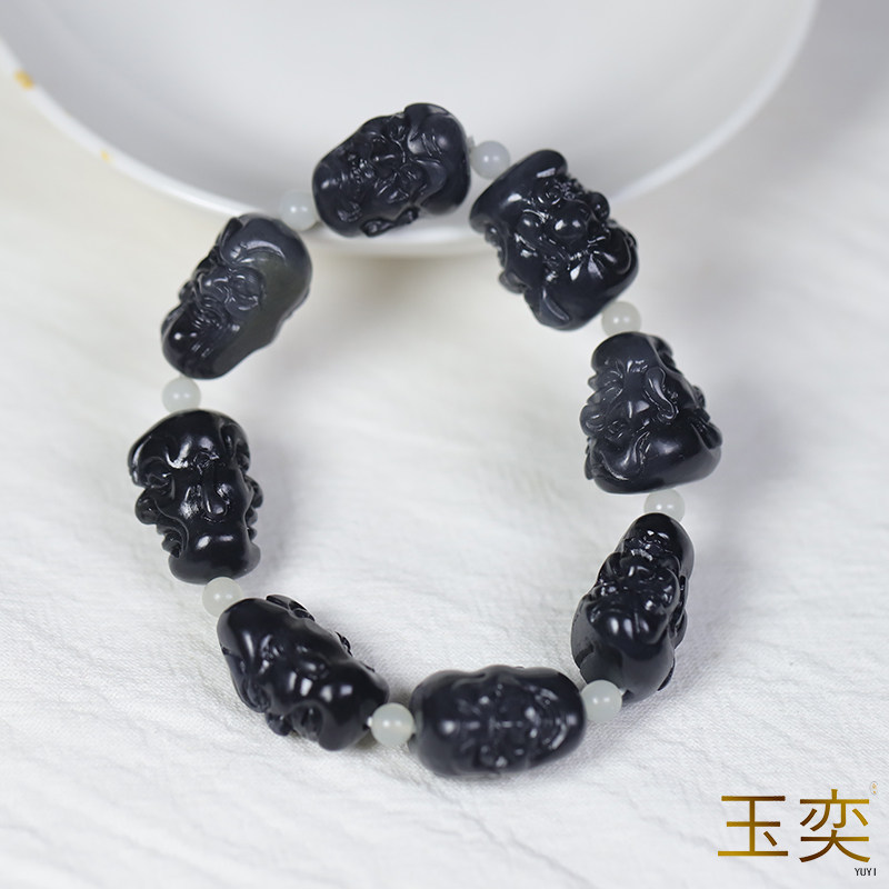 玉奕新疆和田玉籽料苏工青花墨玉罗汉特色手串玉罗汉手链念珠