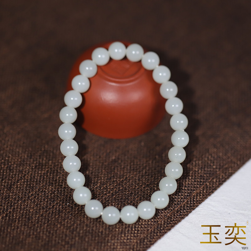z7玉奕新疆和田玉籽料8mm白玉苏工圆珠手串女士单圈手链带皮手链
