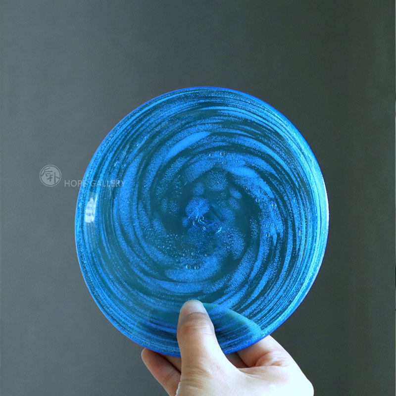 后朴展厅现货日本冲绳民艺手作玻璃蓝海盘壶承果子碟茶具糕点盘