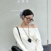 1ess 上衣 T恤女不规则褶皱堆叠感斜肩修身 mode莱赛尔天丝长袖