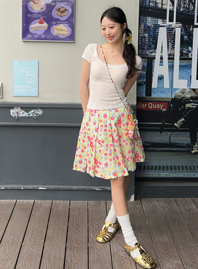 1ess la mode小清新碎花度假风百褶裙半身裙中长裙女A字裙25夏季