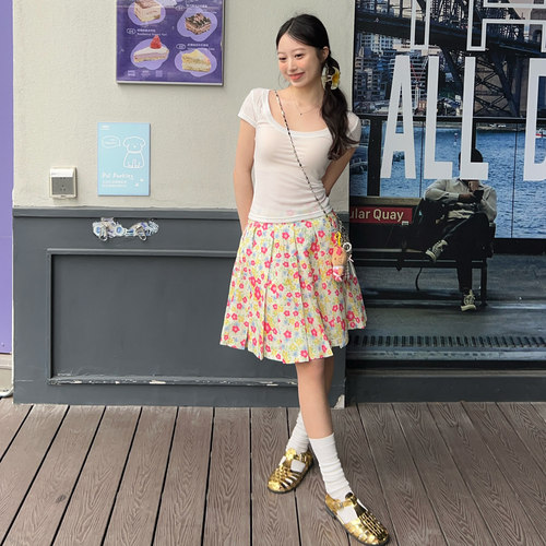 1ess la mode小清新碎花度假风百褶裙半身裙中长裙女A字裙25夏季