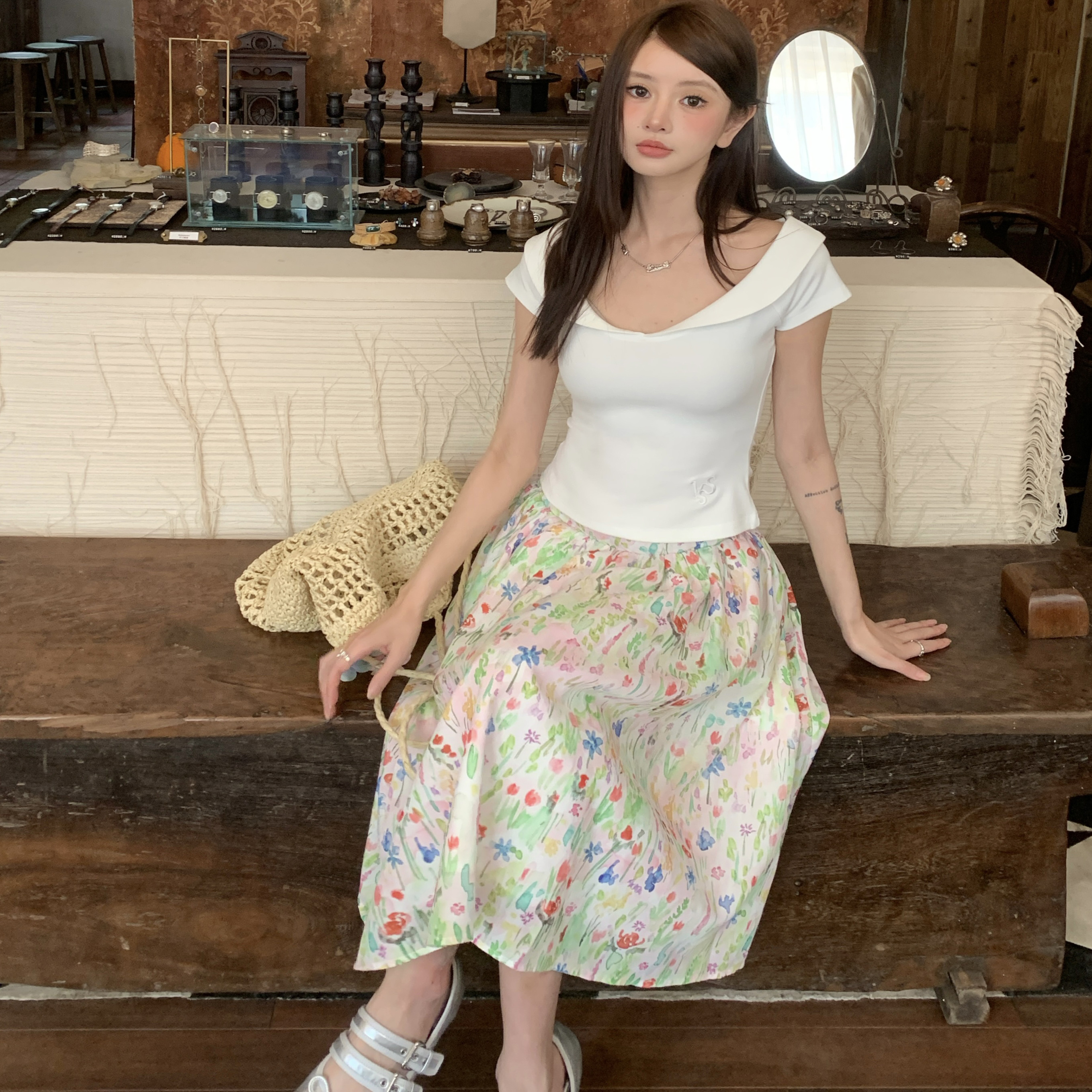 1ess la mode蓓蕾初绽碎花半身裙女夏设计感小众高腰伞裙中长款裙