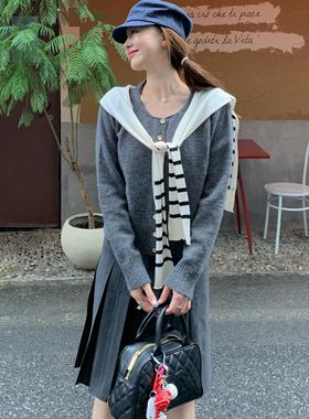 1ess la mode条纹针织打结小披肩女秋季黑白灰百搭毛衣围巾空调房