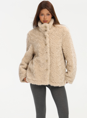 1ess la mode立领环保皮草毛毛外套仿托卡女皮毛一体韩女加绒外套