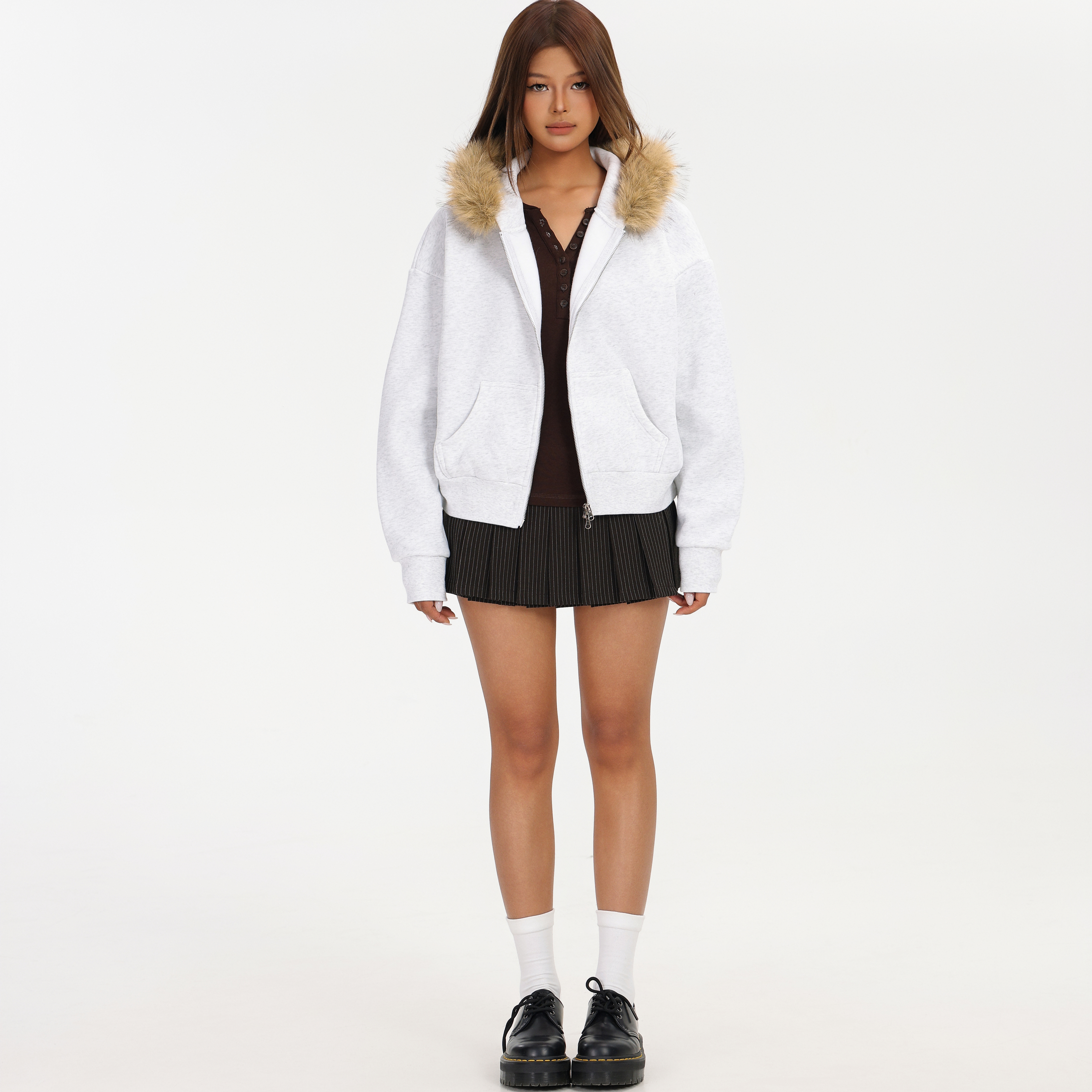 1ess la mode美式25冬季新宽松毛领外套女秋休闲慵懒外套连帽卫衣