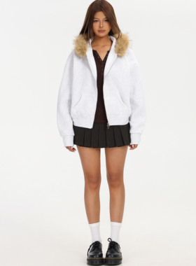 1ess la mode美式25冬季新宽松毛领外套女秋休闲慵懒外套连帽卫衣