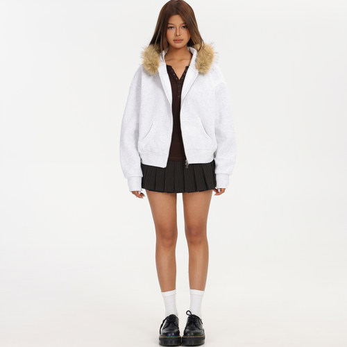 1ess la mode美式25冬季新宽松毛领外套女秋休闲慵懒外套连帽卫衣