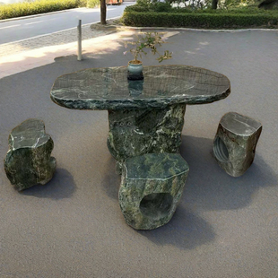 天然整石头桌凳户外庭院石材富贵绿分体桌别墅花园休闲桌椅一套