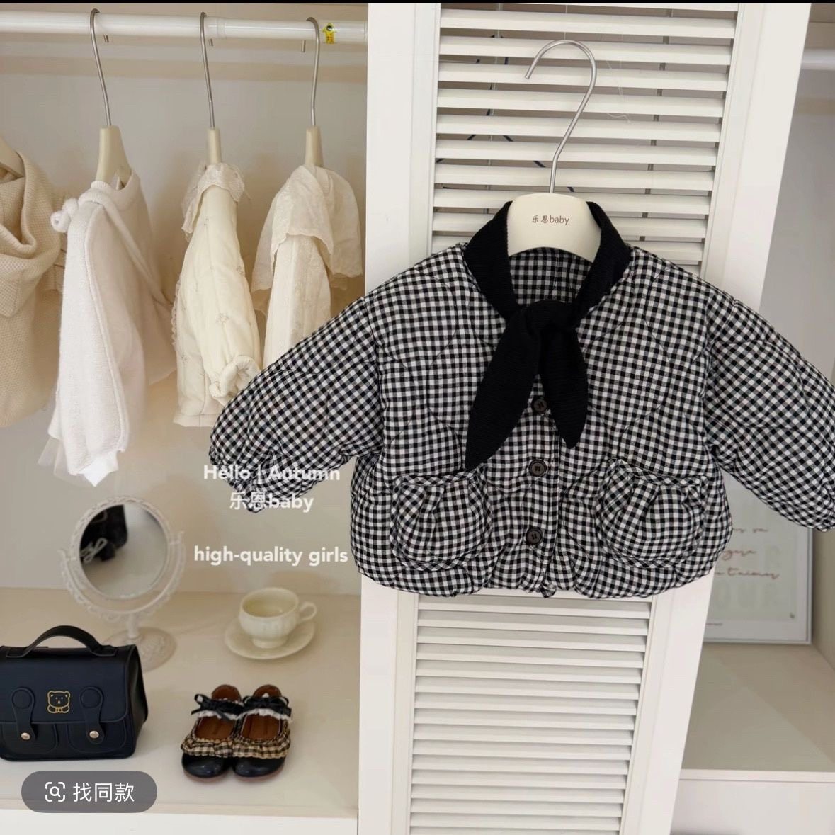 【不跑棉】原创设计秋冬女童黑色格子棉衣加绒加厚小香风棉袄外套