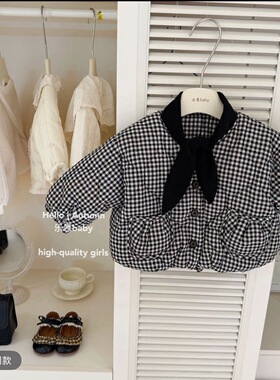 【不跑棉】原创设计秋冬女童黑色格子棉衣加绒加厚小香风棉袄外套