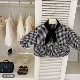 【不跑棉】原创设计秋冬女童黑色格子棉衣加绒加厚小香风棉袄外套