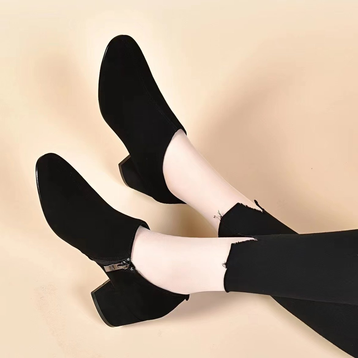 羊皮2023真皮圆头女鞋粗跟及裸靴侧拉链中跟罐罐鞋黑色深口春单鞋,女鞋,深口单鞋,淘宝优惠券,粉丝福利购,淘宝优惠卷