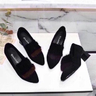 2026新款真皮女士尖头毛毛鞋女秋冬水貂毛豆豆鞋粗跟加绒单鞋