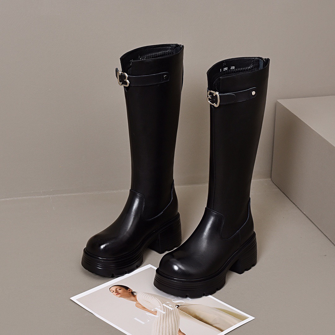 2025新款真牛皮长筒靴女松糕长款皮靴子圆头防水台粗跟高筒靴洋气