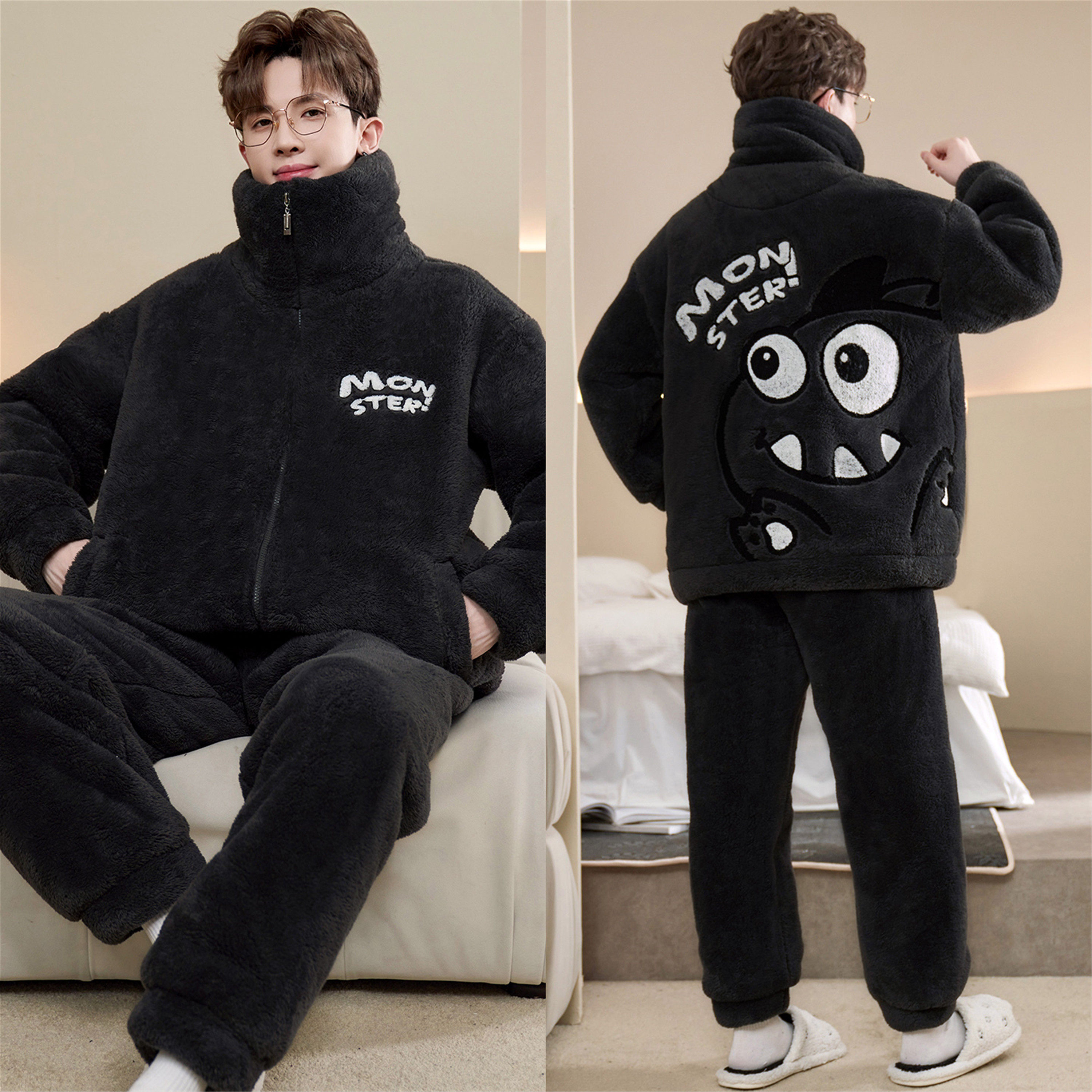 睡衣男秋冬季款珊瑚绒加厚保暖拉链法兰绒可外穿套装加肥加大