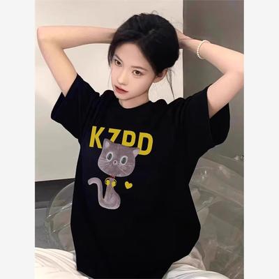 胖mm黑色印花纯棉短袖t恤