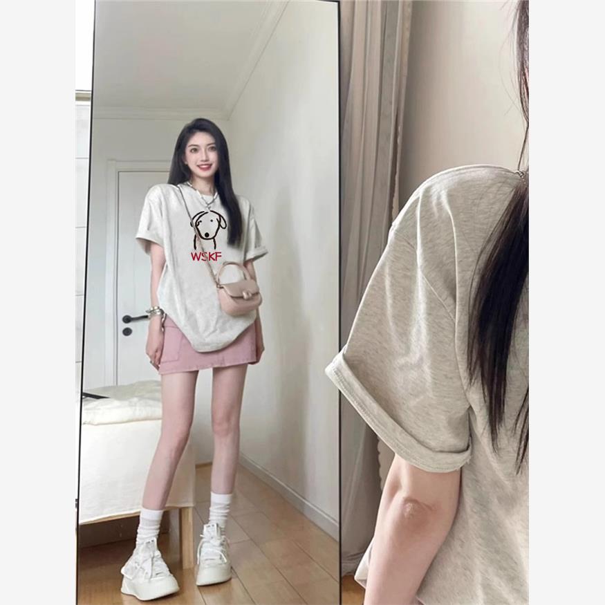 纯棉美式复古灰色短袖t恤女2025新款大码夏季正肩宽松设计感上衣
