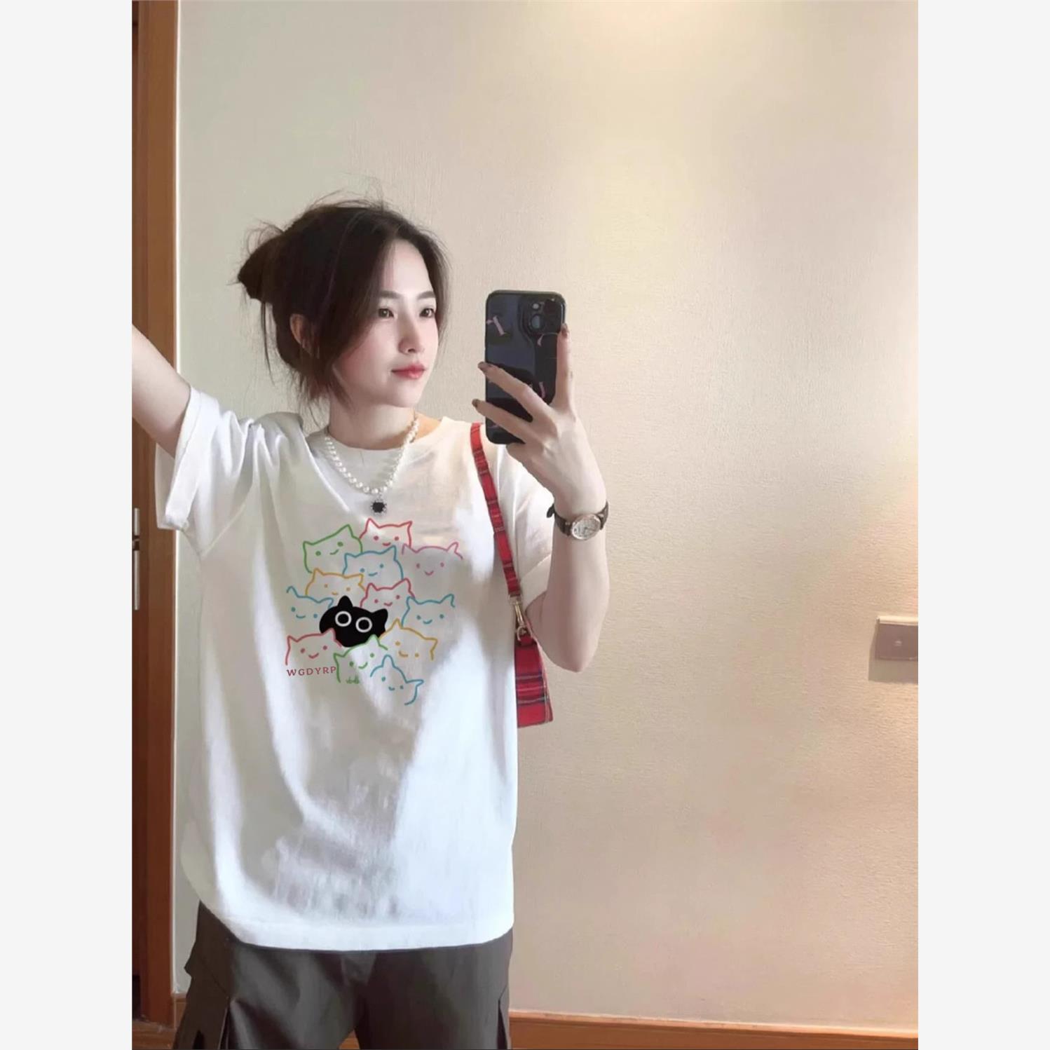 重磅纯棉白色短袖t恤女夏季2025新款爆款小众宽松慵懒风半袖上衣