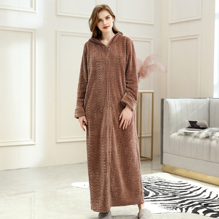 睡袍女士秋冬季加长款法兰绒连帽拉链大码加厚珊瑚绒睡衣男士浴袍