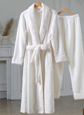 睡袍女秋冬季加长款法兰绒加绒白色家居服男睡衣珊瑚绒浴袍带裤子