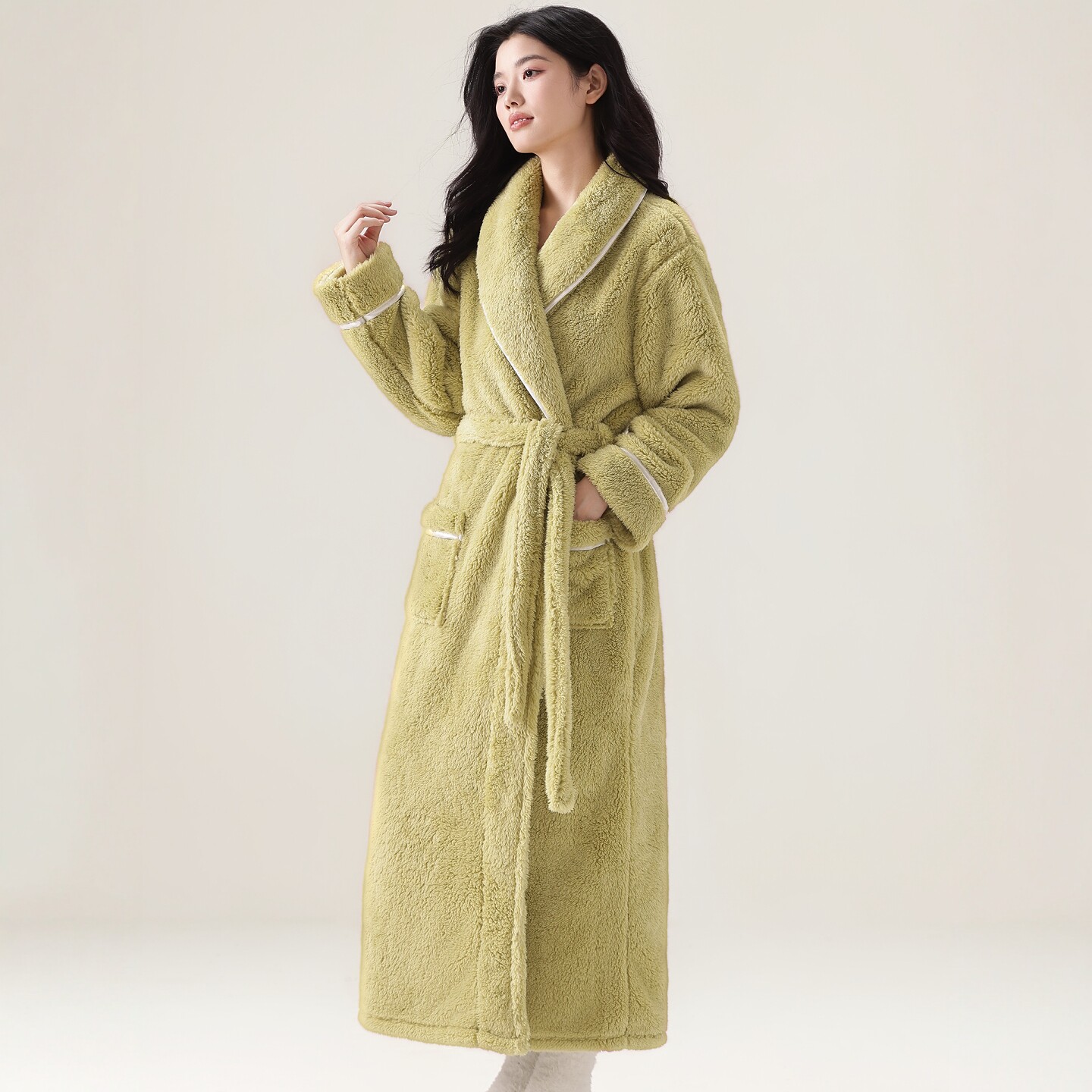 睡袍女秋冬季加长款纯色加厚浴袍