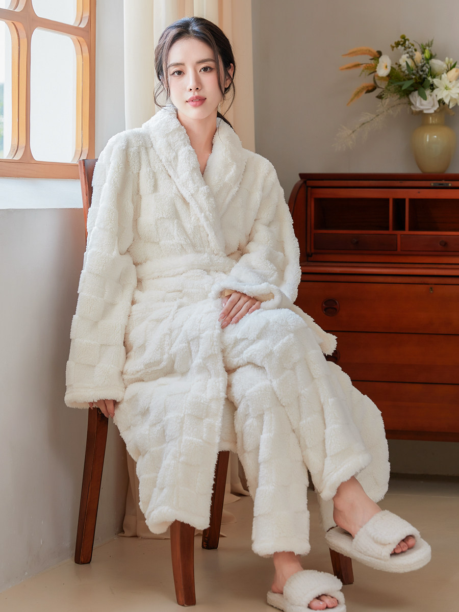 NIGHTGOWN WOMENS AUTUMN AND WINTER LENGTHENED SHU COTTON VELVET RED THICKENED TWO-PIECE PAJAMAS MENS CORAL VELVET BATHROBE AND PANTS