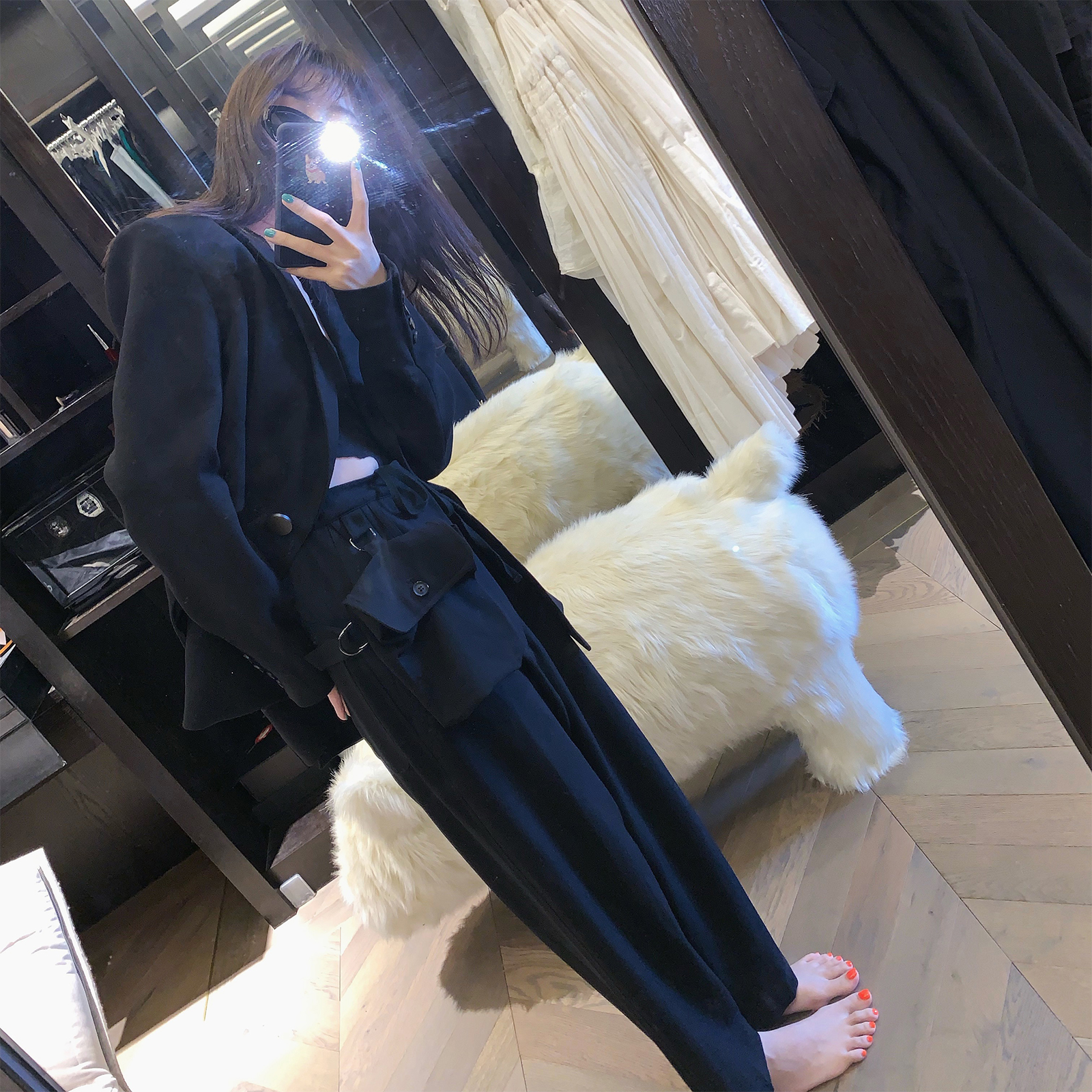 vcruan阿希哥 阔腿裤女高腰垂感宽松休闲裤薄款黑色口袋汤汤裤