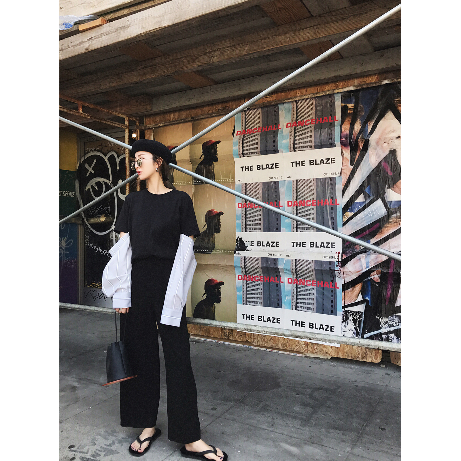 vcruan阿希哥 宽松长袖T恤女棉2018秋季新款拼接衬衫袖防晒上衣