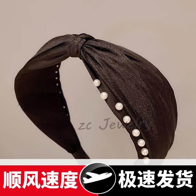 韩版新款缎面珍珠发箍女高级感欧根纱拼接宽边打结发卡气质2023款