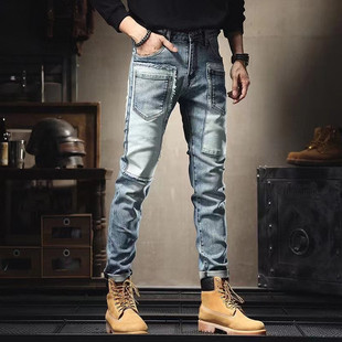 秋冬季破洞补丁潮流牛仔裤男拼接修身小脚裤时尚痞帅高街乞丐裤子