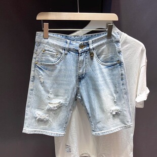 夏季个性破洞牛仔短裤男款时尚潮流痞帅休闲五分裤浅蓝色破烂中裤