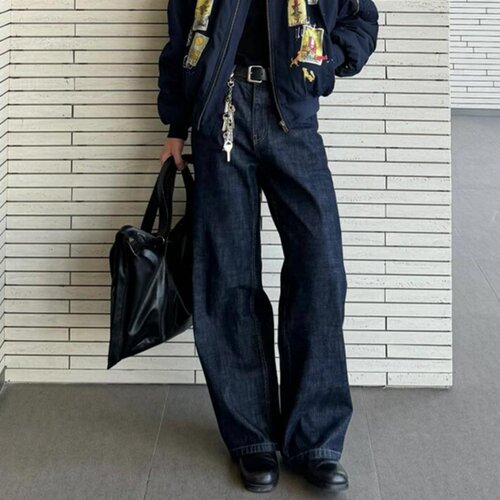 美式vibe复古蓝色基础深黑蓝弯刀牛仔裤男直筒宽松阔腿拖地裤潮流