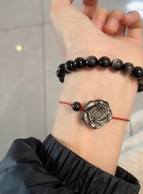 原创【有钱花】天然银曜石玫瑰花手链本命年红绳手串送女友礼物
