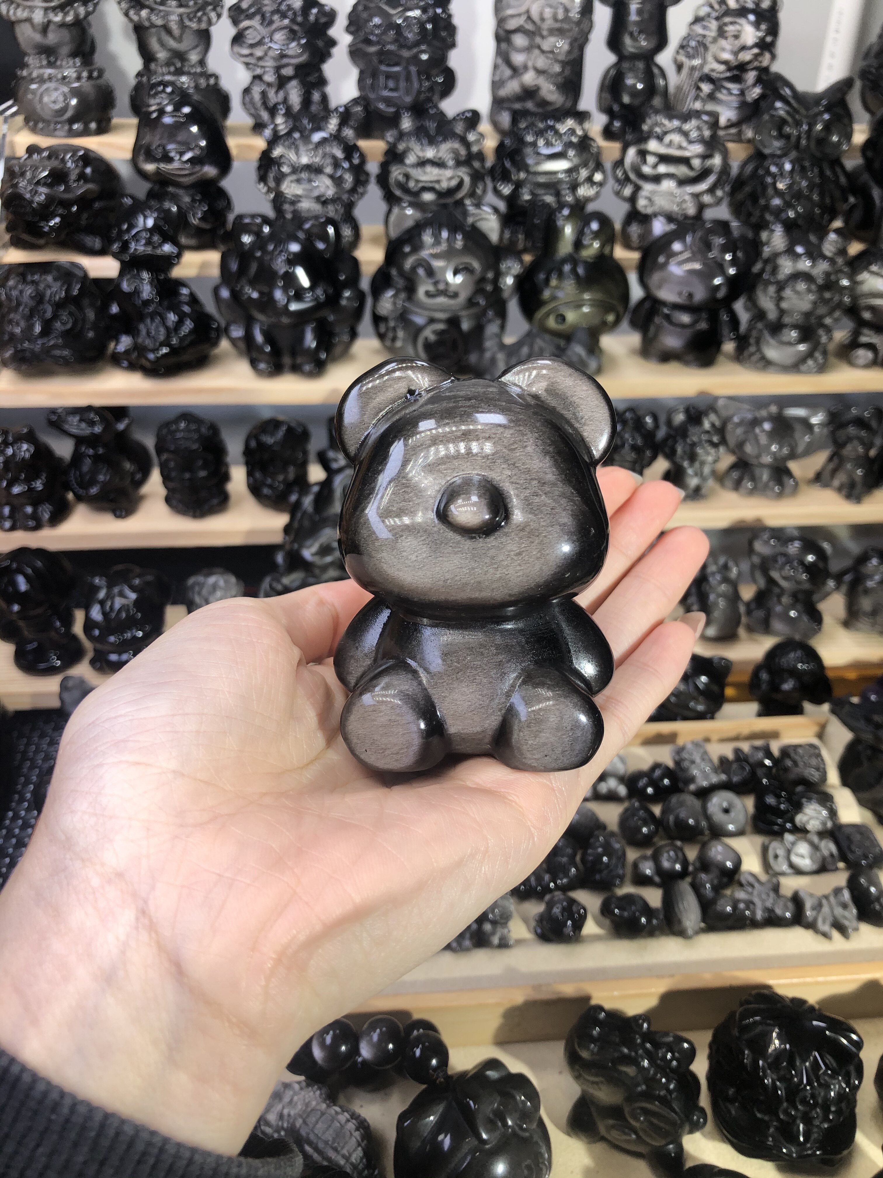 天然银曜石小熊无相熊摆件车载桌面装饰萌宠摆件手办黑曜石