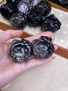 天然银曜石达摩凯蒂猫hello kitty摆件手把件萌宠潮玩手办车载